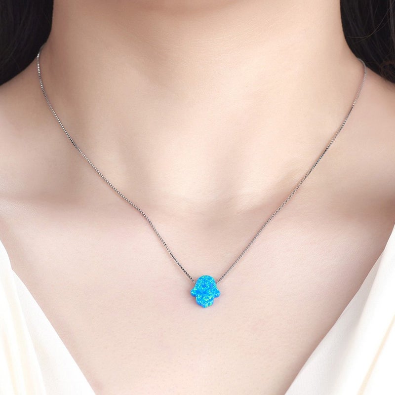 Kaletine Hamsa Hand of Fatima Necklace Sterling Silver Blue Synthetic Opal Pendant 11x13mm Box Chain 16"+2" Ext. - Image 2